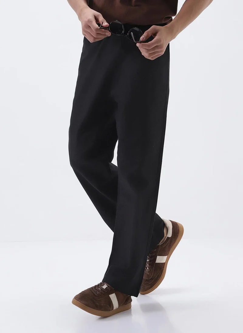 Urbano Fashion  Urbano Fashion Men's Black Loose Fit Solid Linen Blend Trousers Non-Stretchable for Men | Best Price UAE